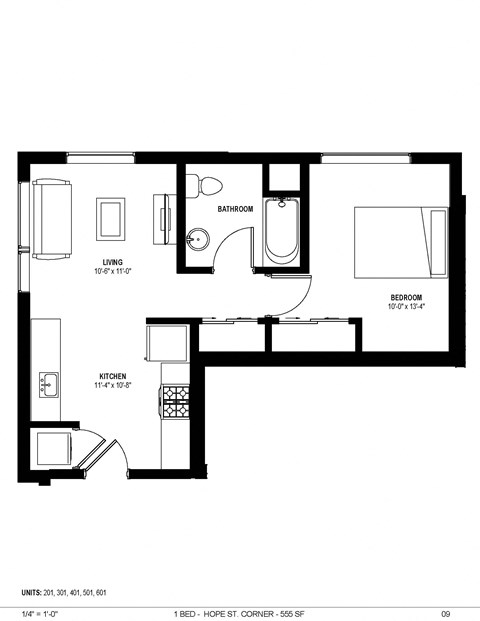 Floor plan for 1 bed, 1 bath, 593 sqft